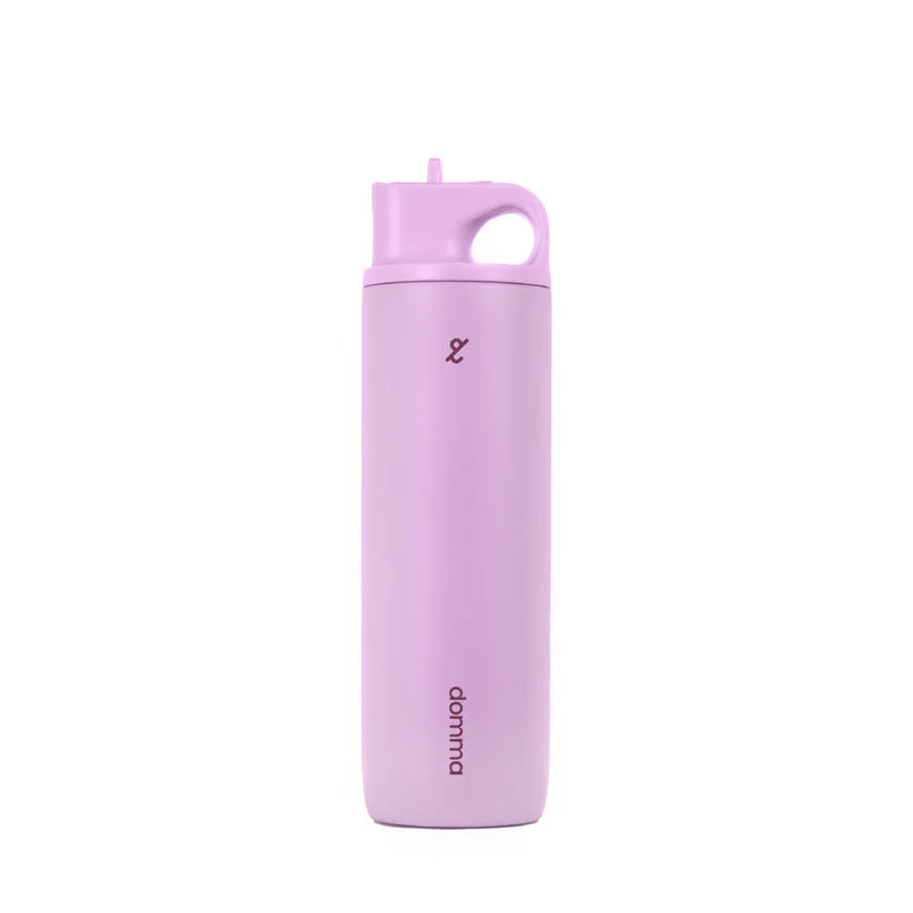 Pink insulated tumbler with a lid by Domma on a white background