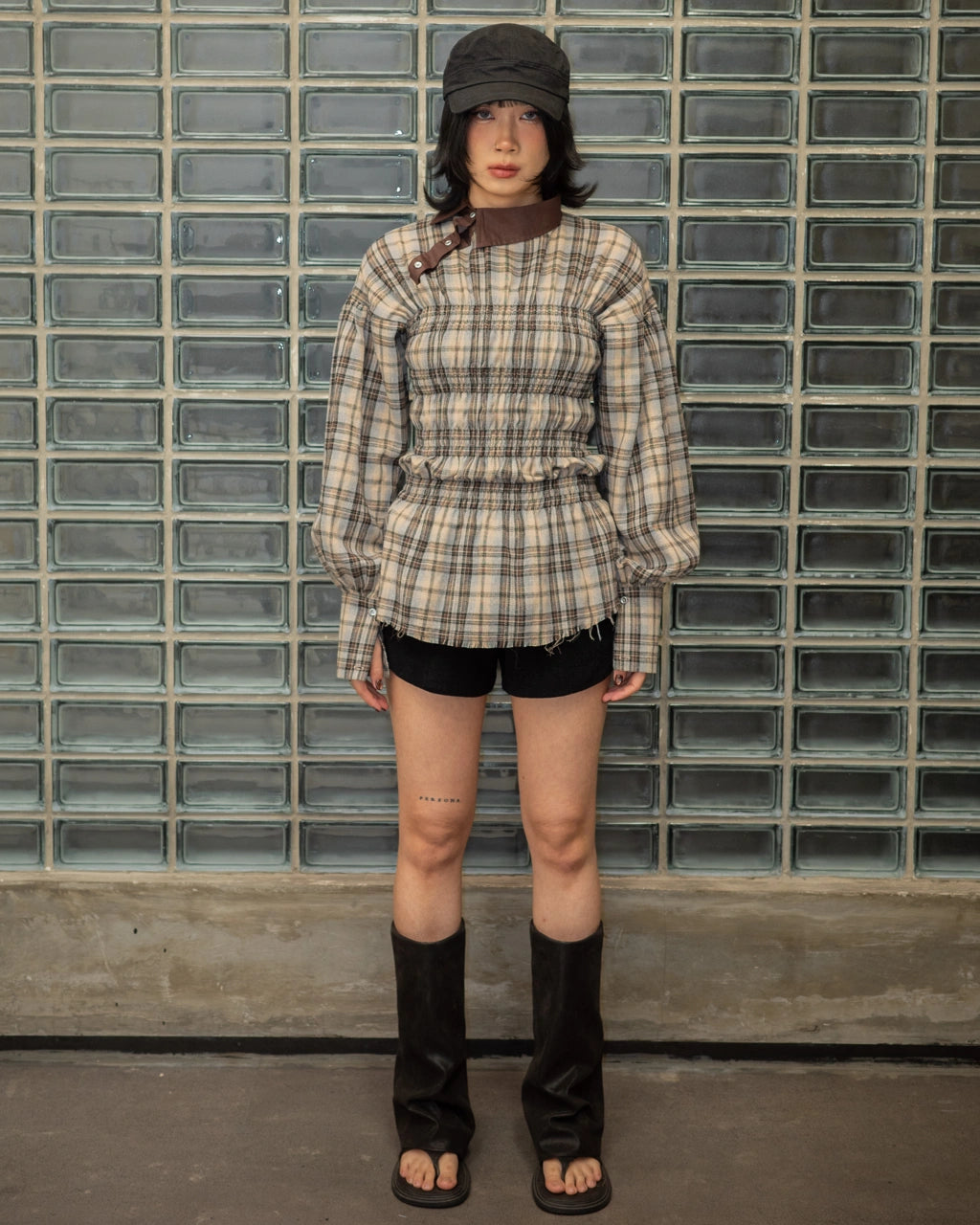 Plaid Smock Shirt With Brown Collar - Catha