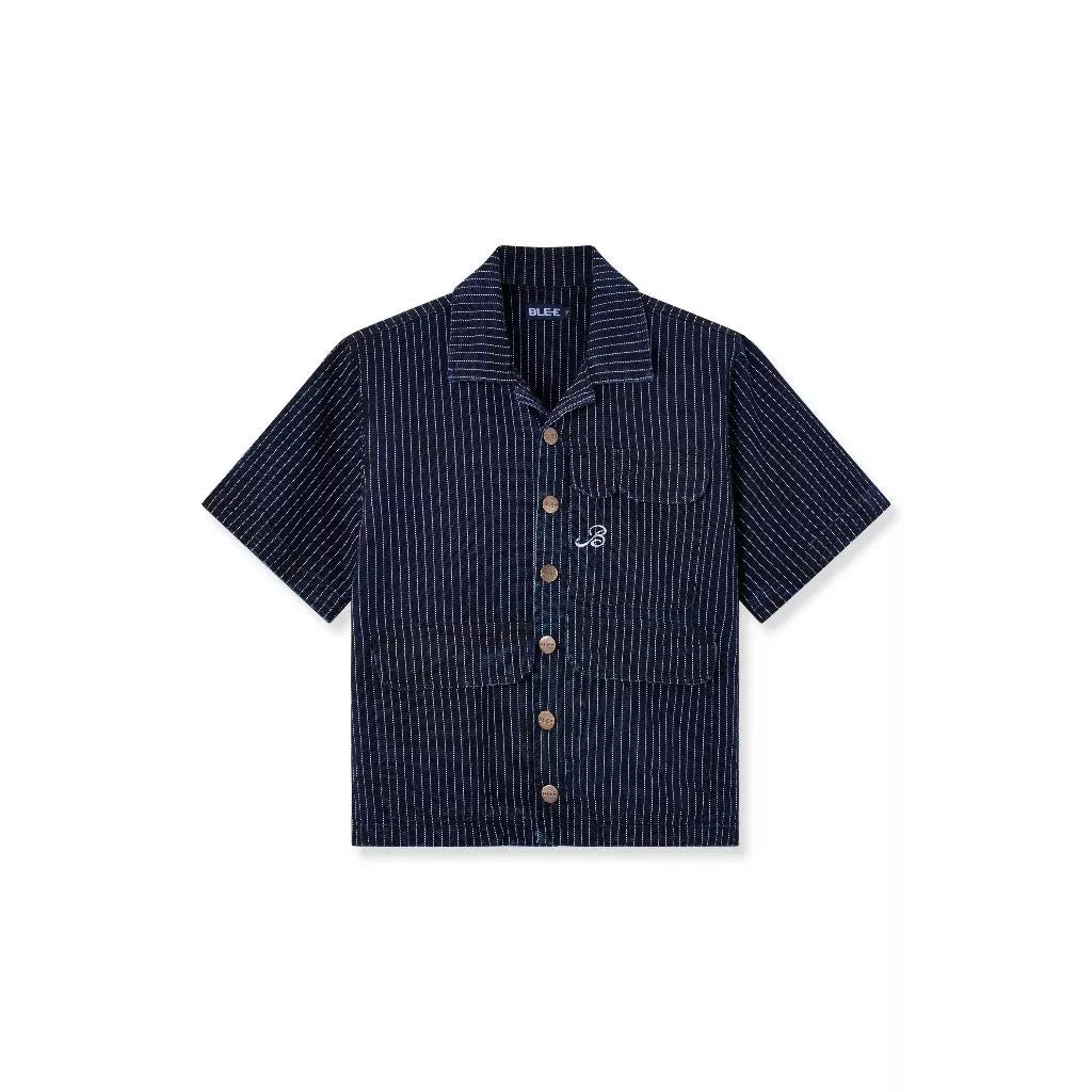 Navy striped shirt with buttons by Blee on a white background