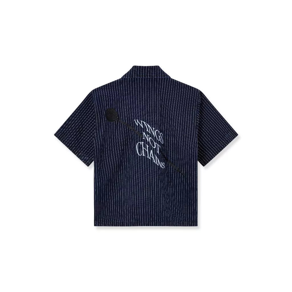 Navy blue shirt with text on the back by Blee against a white background