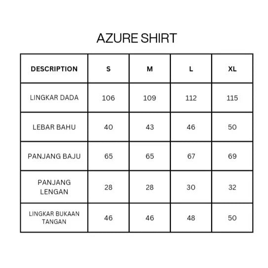 Size chart for Azure shirt by Blee with measurements in centimeters.