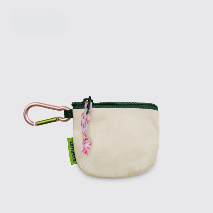 A cream coin pouch with a multicolor zipper and a carabiner attached to it from Exsport Bags.