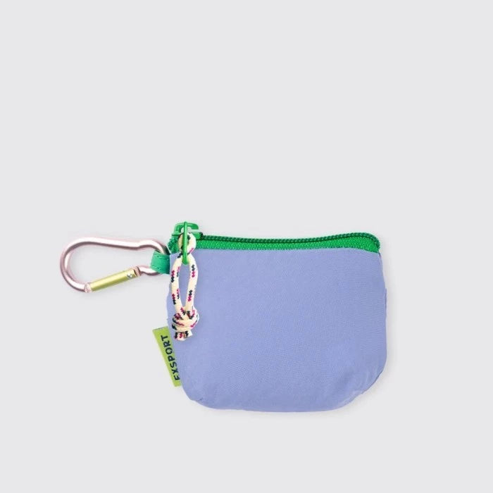 A light blue coin pouch with a multicolor zipper and a carabiner attached to it from Exsport Bags.