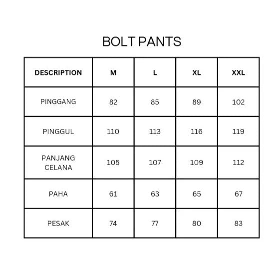 Size chart for Bolt Pants by Blee with measurements in centimeters.