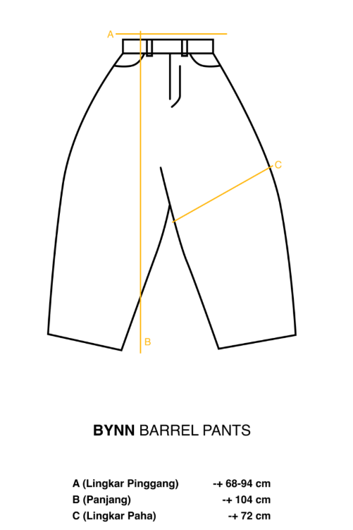 Measurement chart for Byn Barrel Pants on a white background