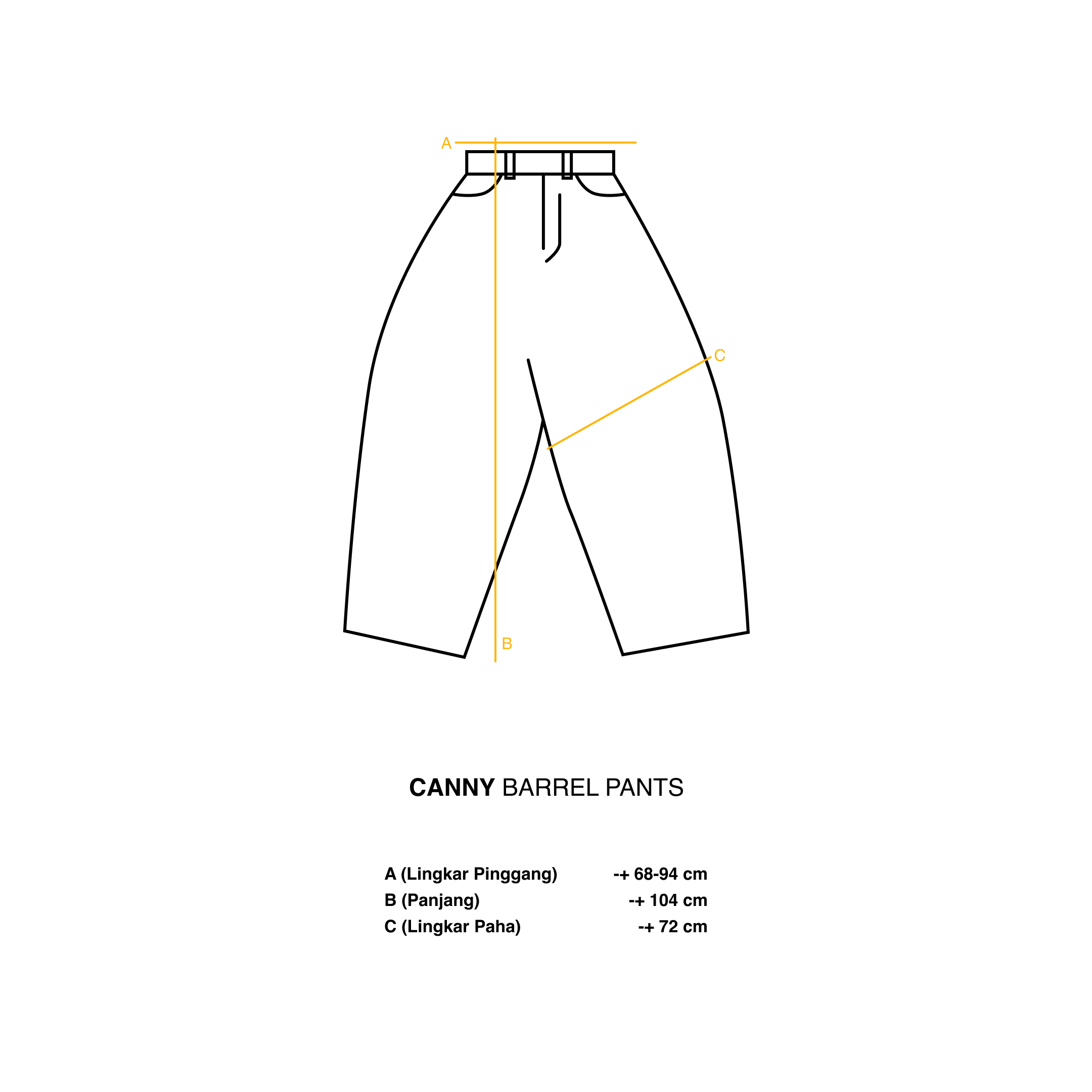 Measurement chart for Canny Barrel Pants on a white background
Tabel ukuran untuk Celana Barrel Canny dengan latar belakang putih