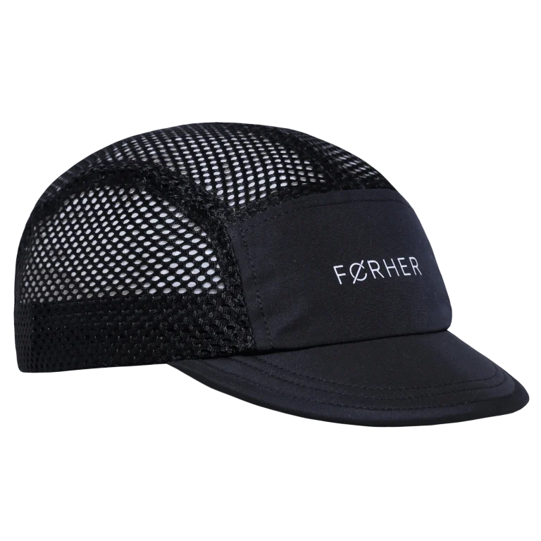 Black running cap with mesh back and 'Forher' logo on a white background