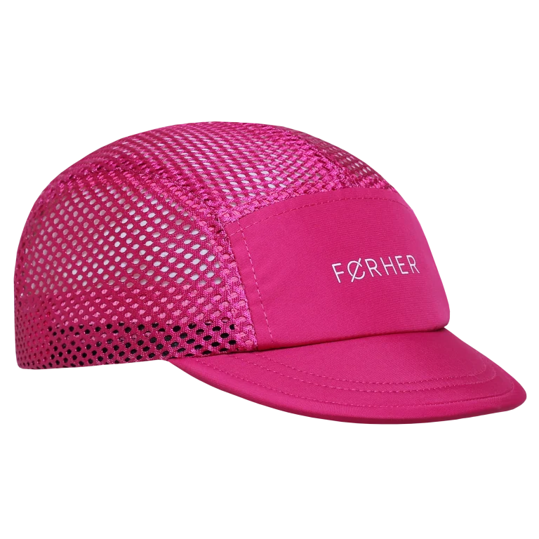 Pink running cap with mesh design and visible brand logo on a white background