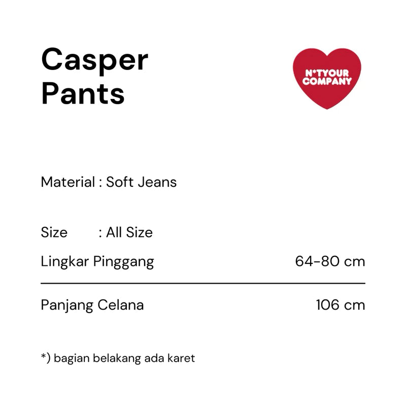 Product information card for Casper pants by Not Your Company with size and material details.