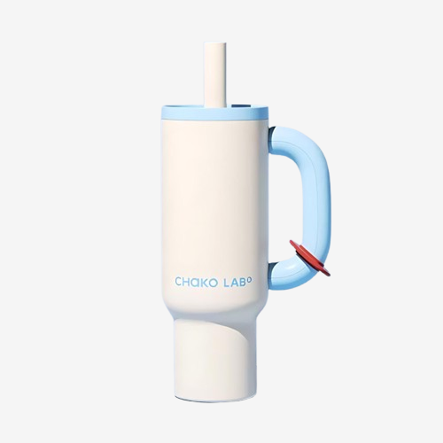 Colorful Chako Lab tumbler with handle and straw on a white background.