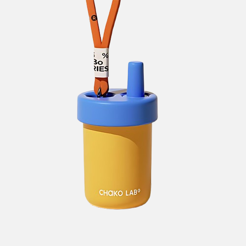 A 485ml yellow colored Chako Lab vacuum cup with a straw, with a silicone strap.