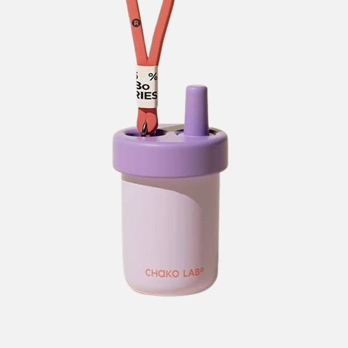 A 485ml purple colored Chako Lab vacuum cup with a straw, with a silicone strap.