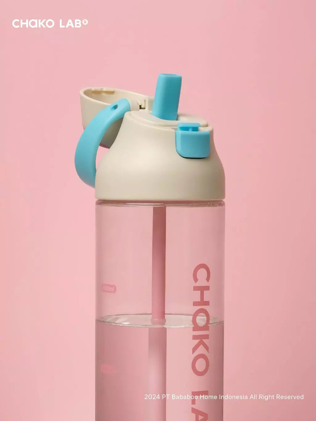 Clear bottle with blue accents on a pink background, featuring the Chako Lab brand.