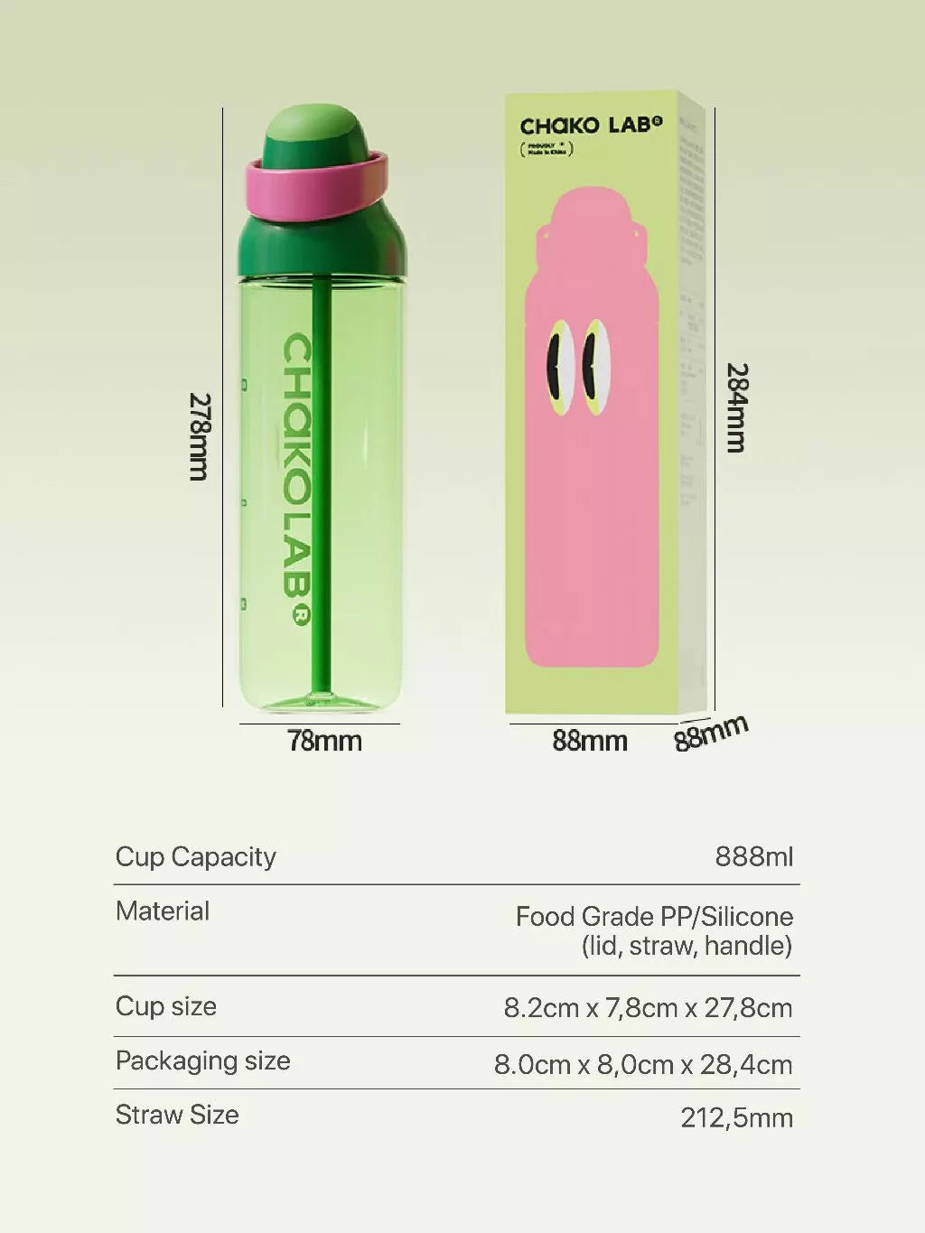 Green water bottle with pink lid and Chiko Lab packaging on a light green background