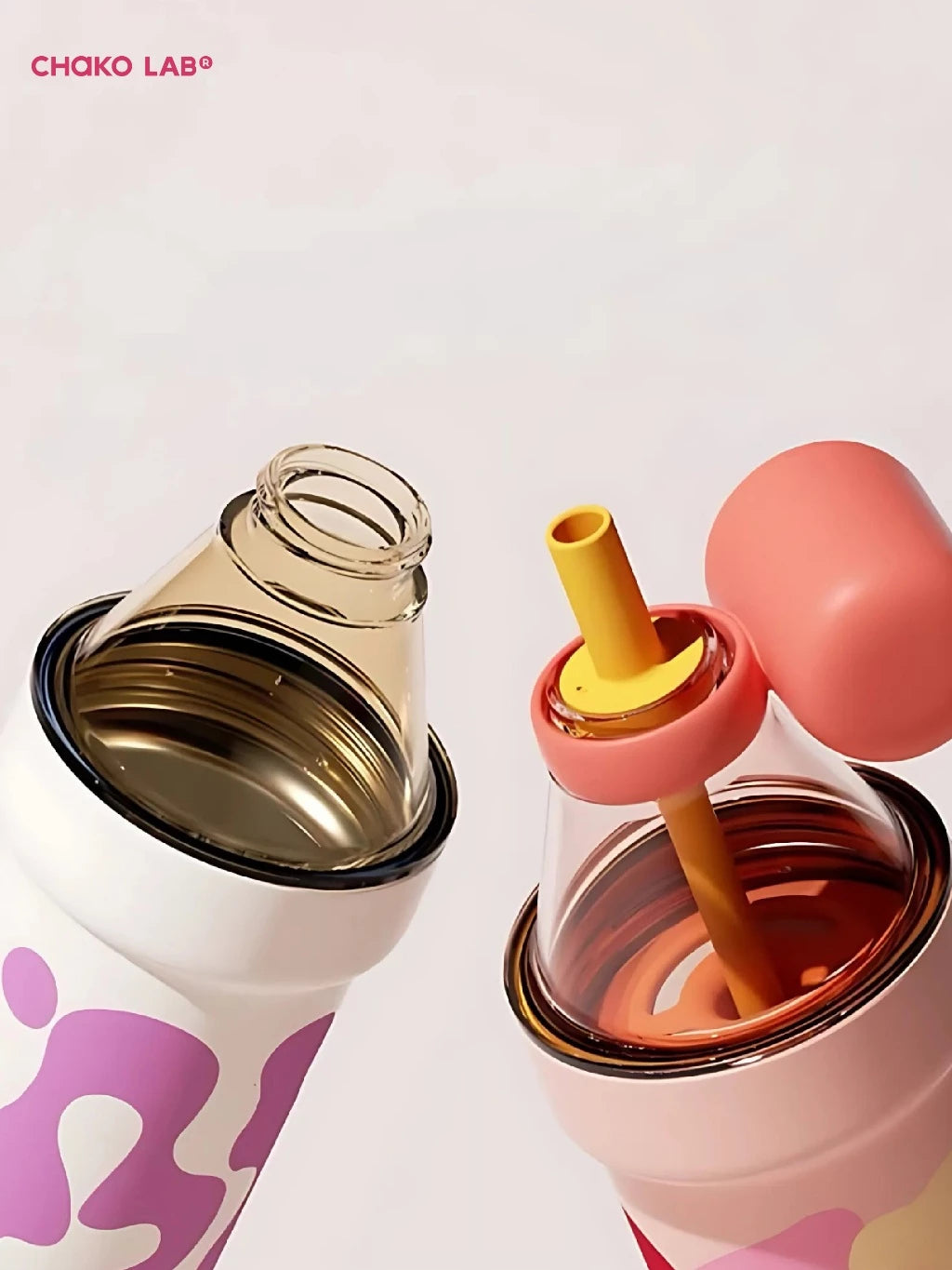 Pink and clear drink containers with straws on a light pink background, featuring the Chako Lab brand.
