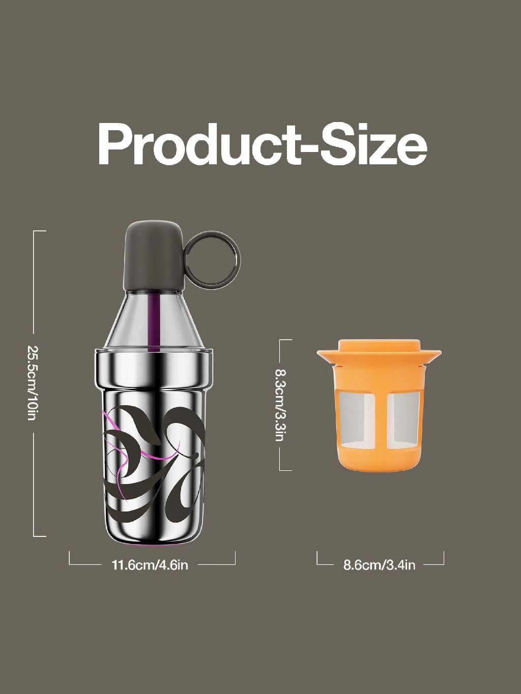 Product size detail with dimensions labeled on a gray background