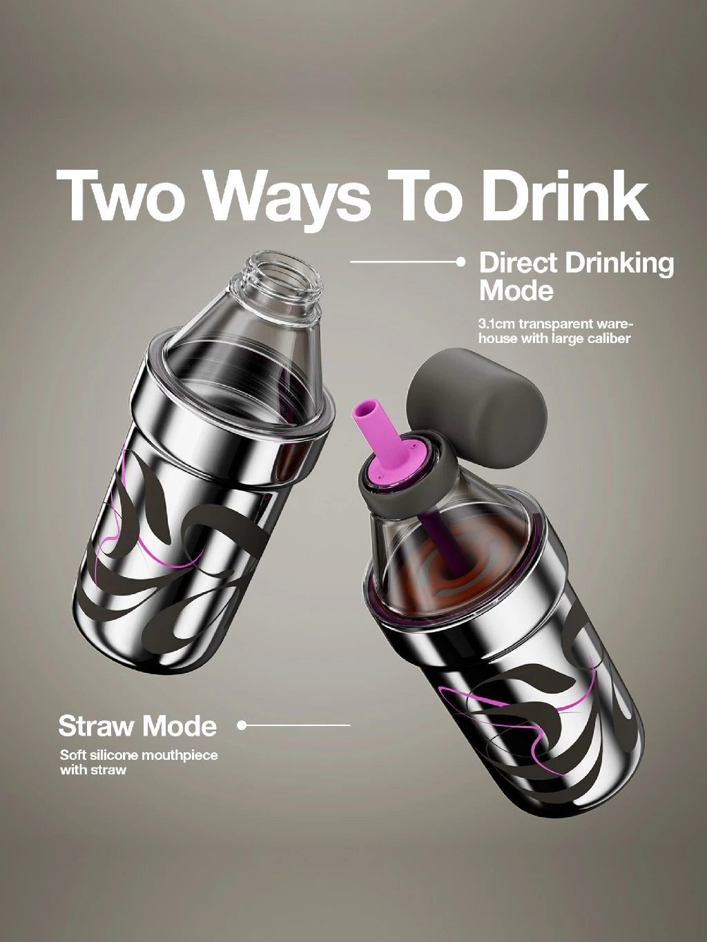 Two drinking devices with text indicating 'Two Ways To Drink' on a gray background