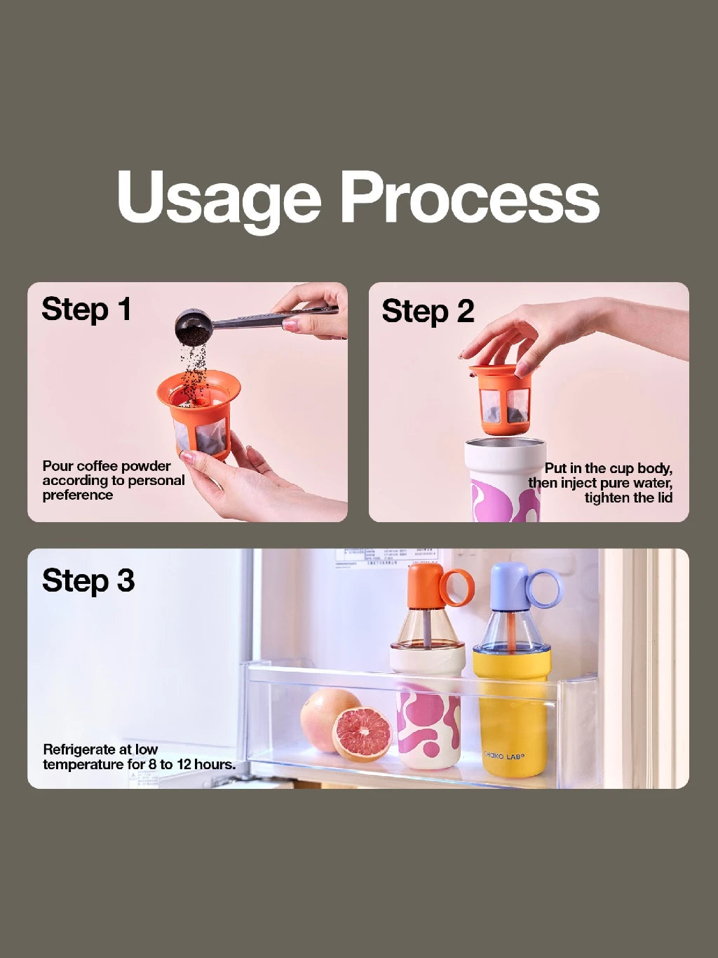 Step-by-step guide on using a cold brew device with text and images.