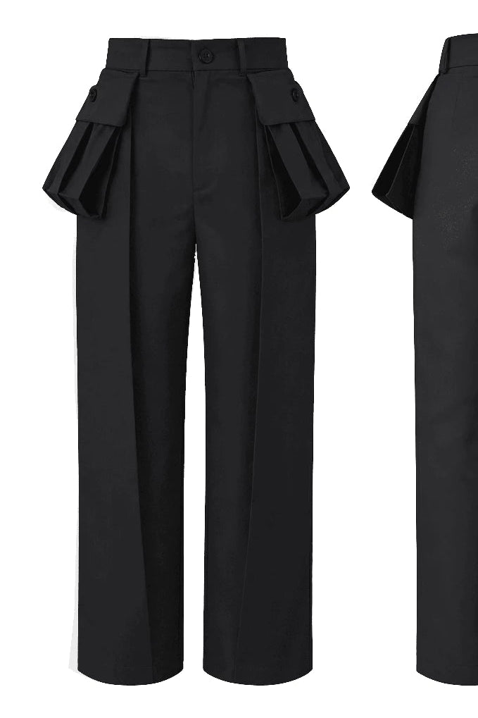 Black high-waisted wide-leg trousers by Hunting Fields shown from the front and back, featuring dramatic pleated fabric details at the hips and a matching belt.