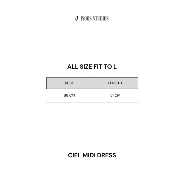 Measurement chart for Ciel Midi Dress by Isoos Studios with bust and length dimensions.