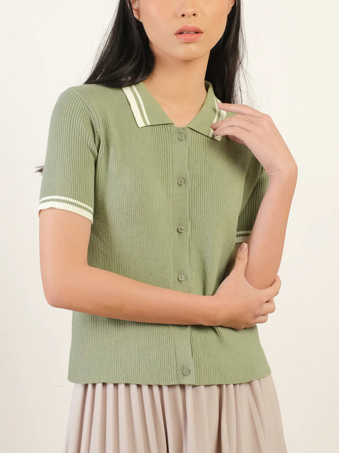 Collar Knit Top Evergreen - Thenblank