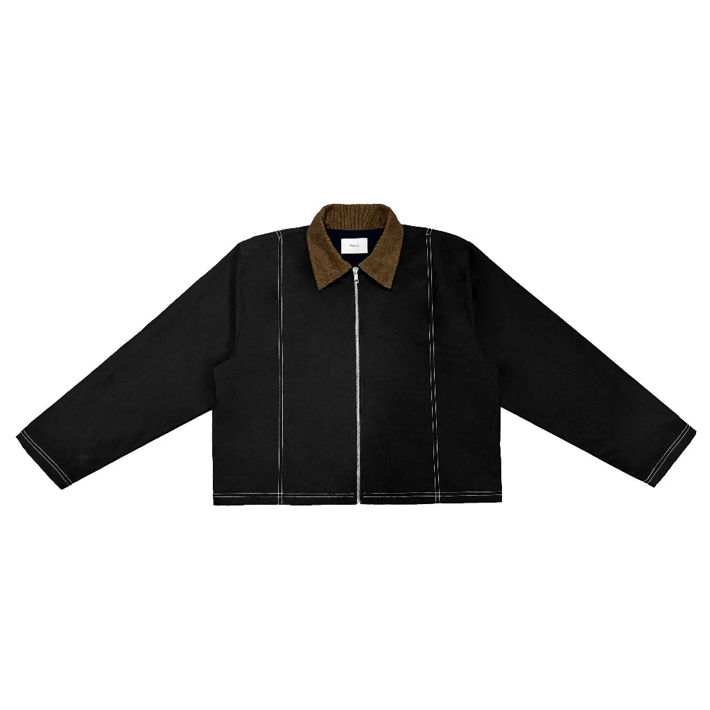 Black work jacket with brown collar on a white background