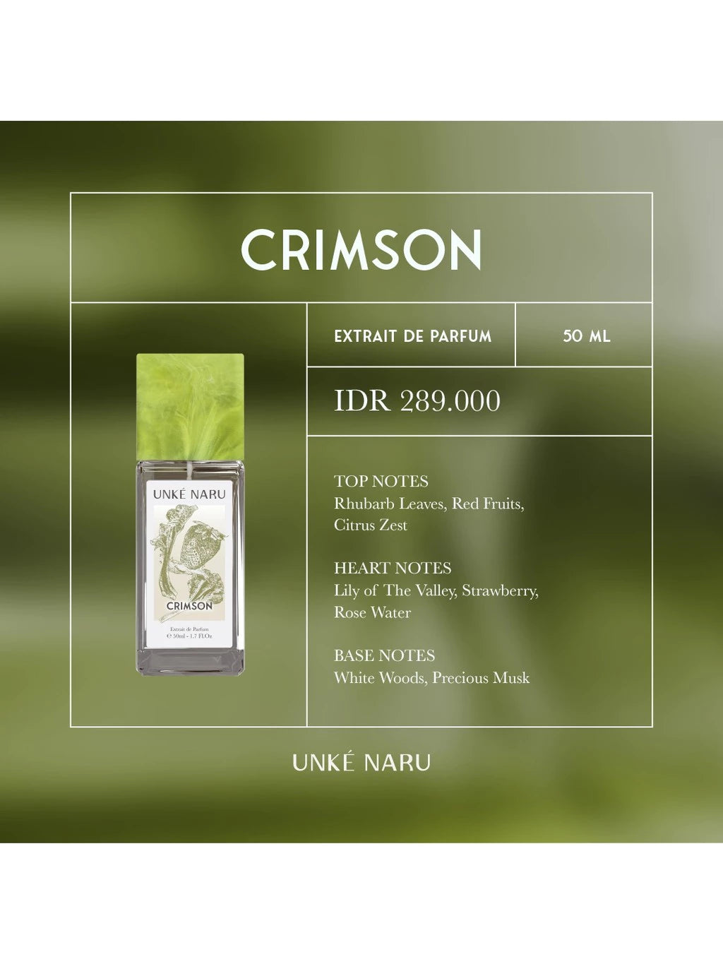 Unke Naru Crimson perfume bottle with product details on a green background