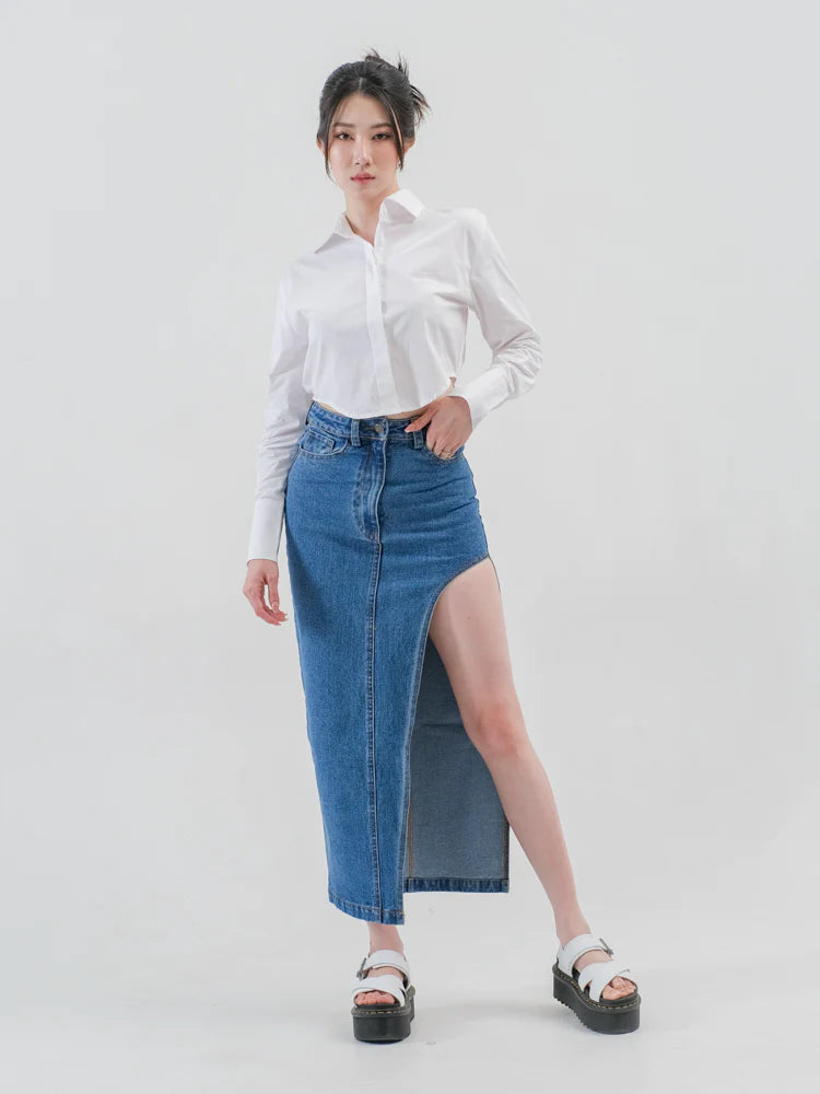 Jean Slit Denim Maxi Skirt Medium Blue - Ambra La Moda
