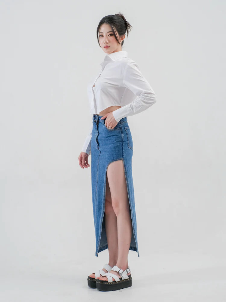 Jean Slit Denim Maxi Skirt Medium Blue - Ambra La Moda