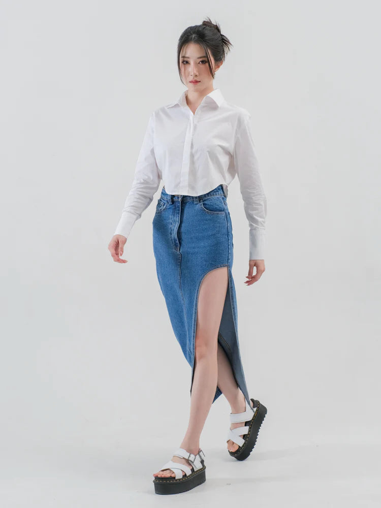 Jean Slit Denim Maxi Skirt Medium Blue - Ambra La Moda