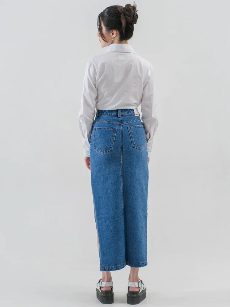 Jean Slit Denim Maxi Skirt Medium Blue - Ambra La Moda