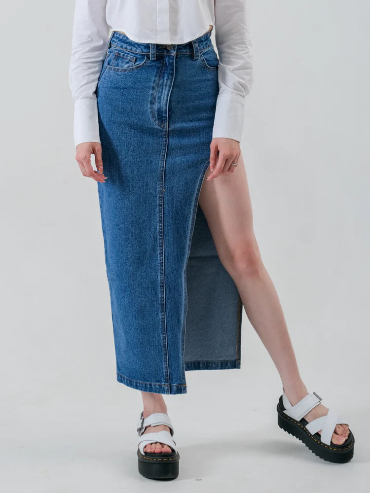 Jean Slit Denim Maxi Skirt Medium Blue - Ambra La Moda