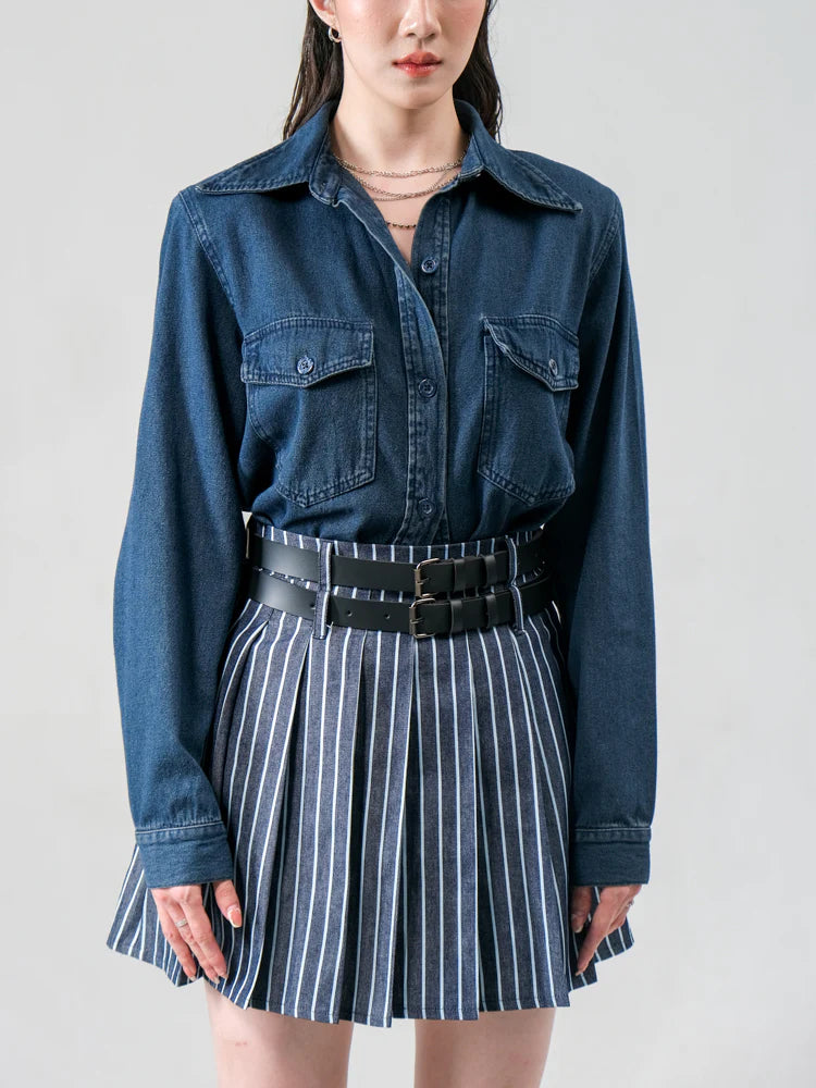Emery Tennis Skirt Stripe Denim - Ambra La Moda