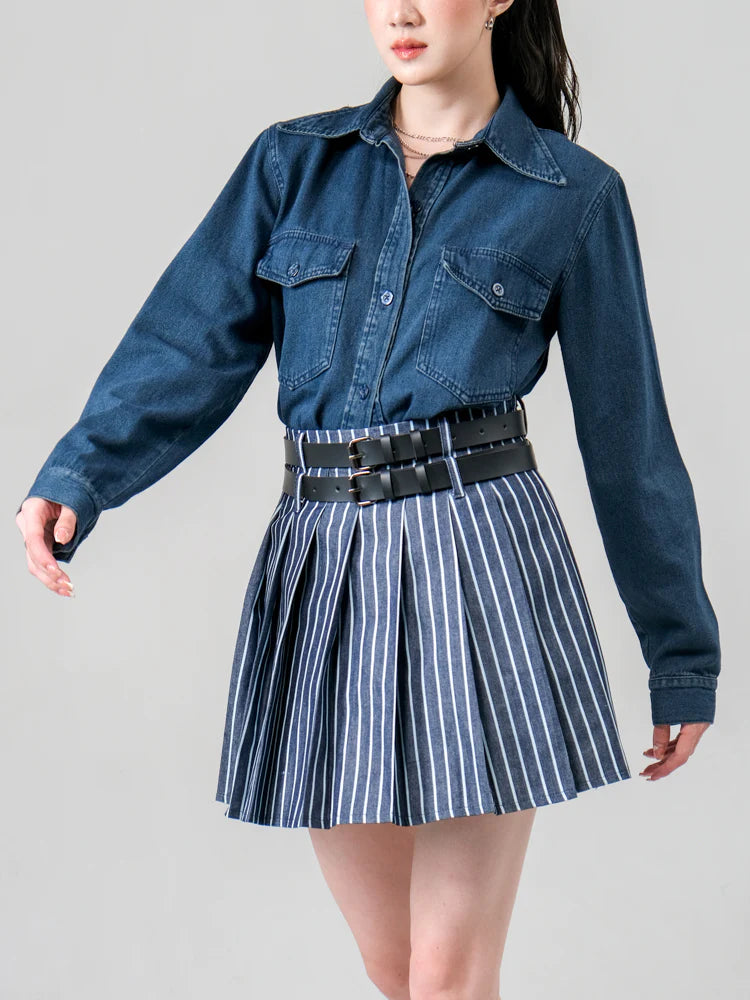 Emery Tennis Skirt Stripe Denim - Ambra La Moda