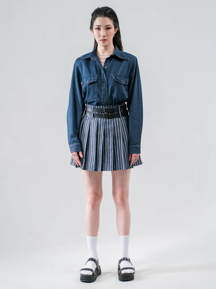 Emery Tennis Skirt Stripe Denim - Ambra La Moda