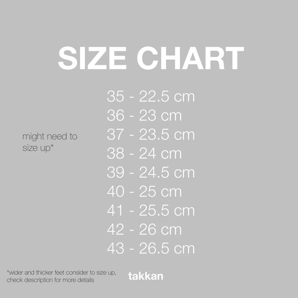 Size chart for Takkan shoes with measurements in centimeters on a gray background