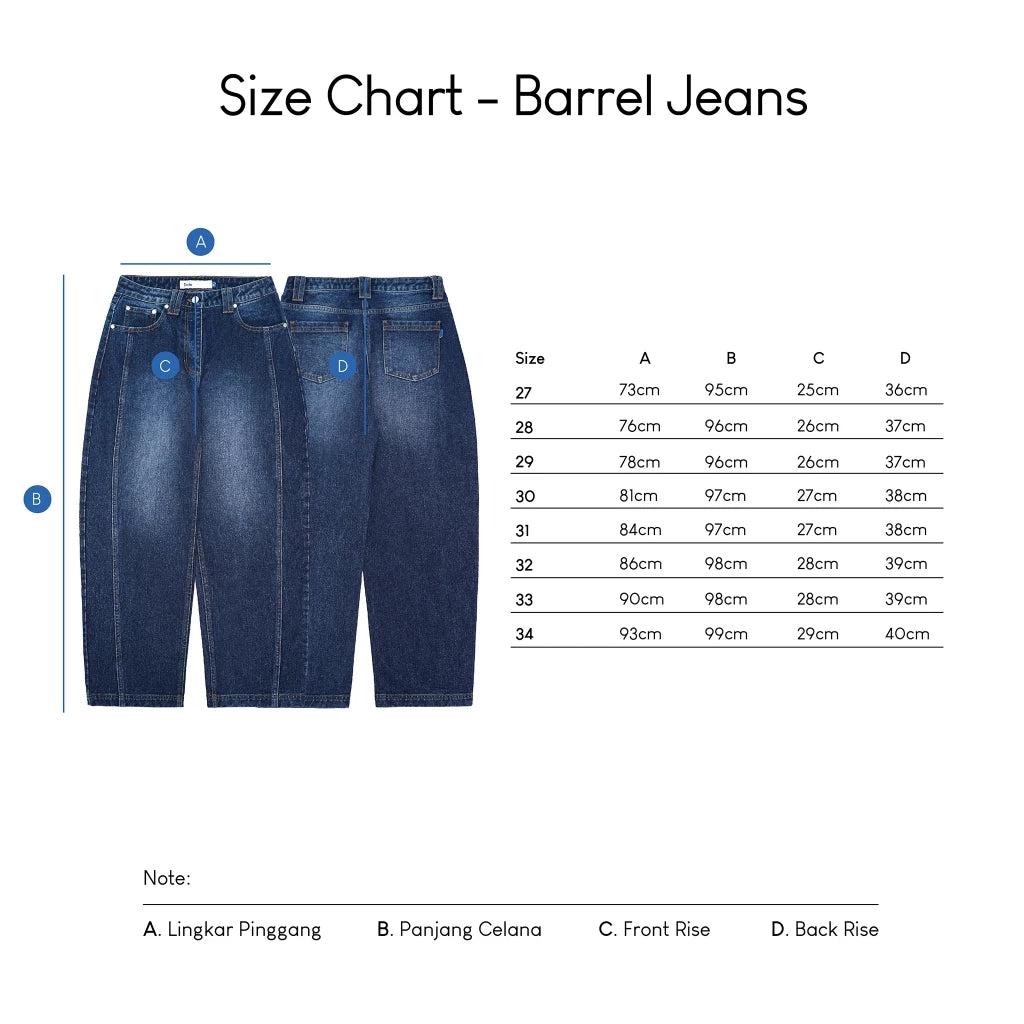 Size chart for barrel jeans with measurements in centimeters.