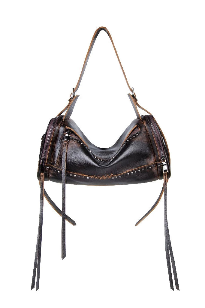 Brown leather handbag with fringe details by Peau on a white background