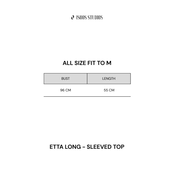 Measurement chart for 'Etta Long - Sleeved Top' by Isoos Studios with bust and length dimensions on a white background.