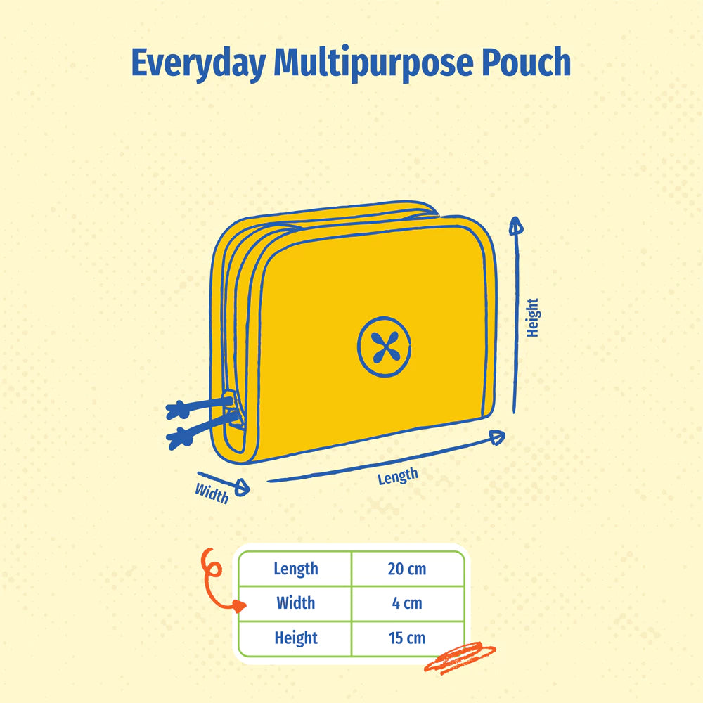 A picture of Export Bags everyday multipurpose pouch with measurements on a beige background