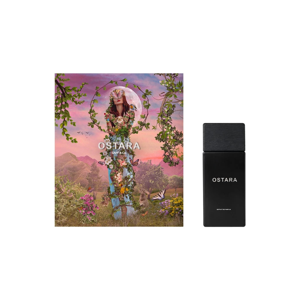 Ostara perfume bottle and packaging by Saff & Co with a scenic design on a white background