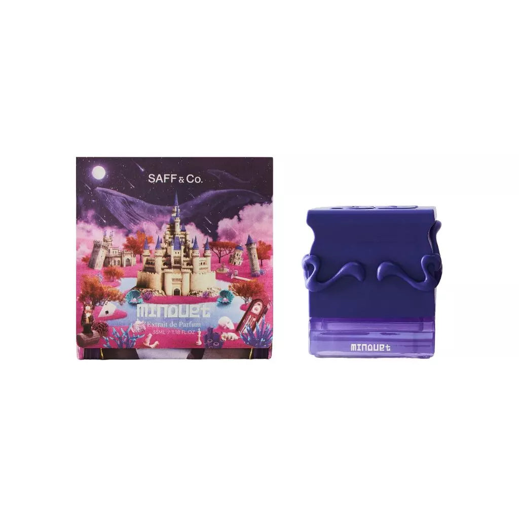 Purple perfume bottle by Saff & Co next to its packaging with castle-themed design on a white background
