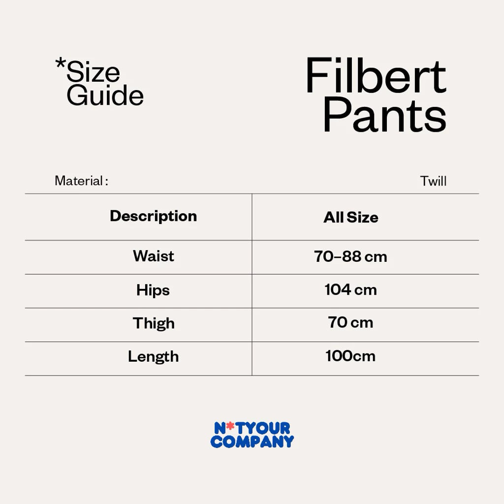 Size guide for Filbert Pants by Not Your Company with material and dimensions listed.