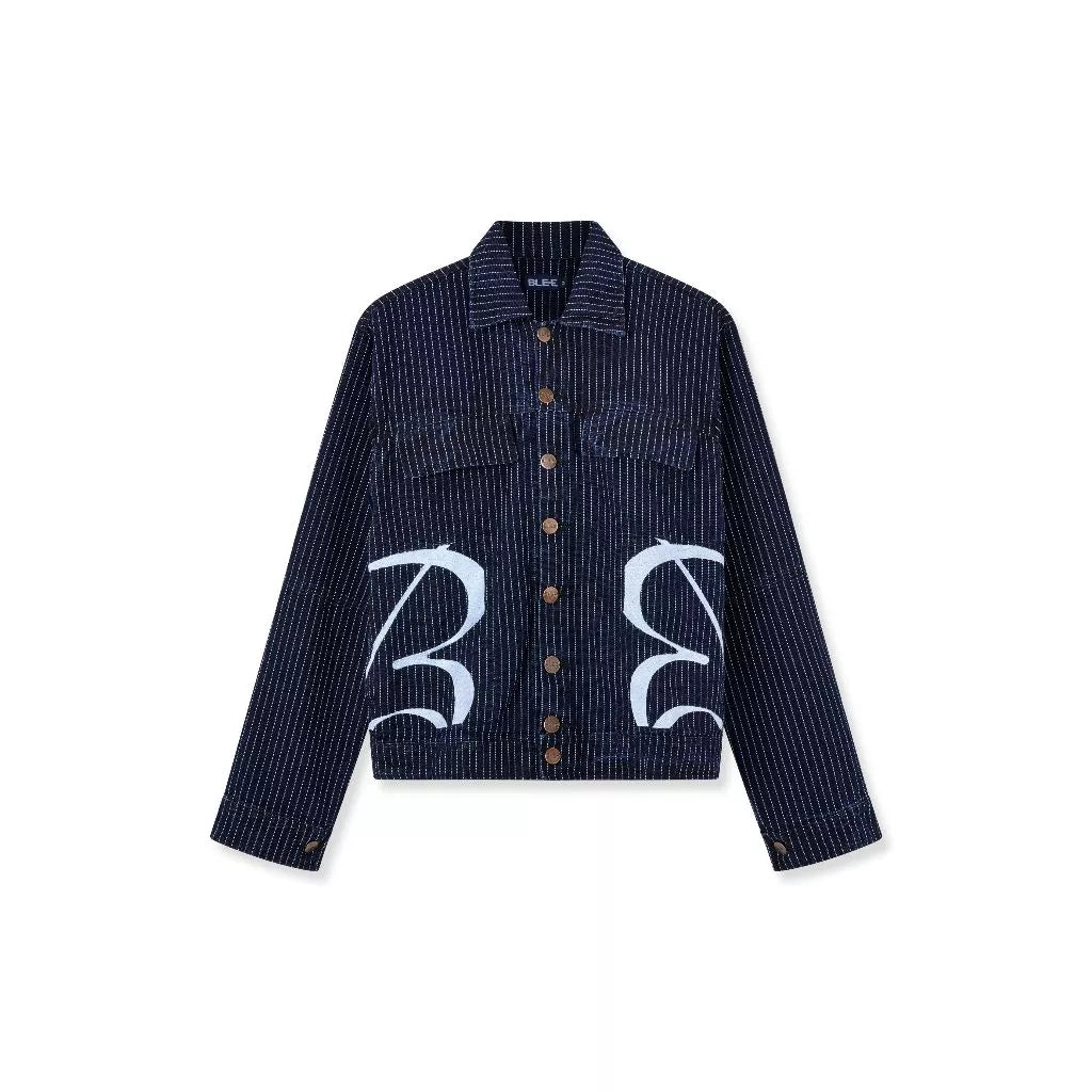 Navy blue stripe denim jacket with white logo by Blee on a white background