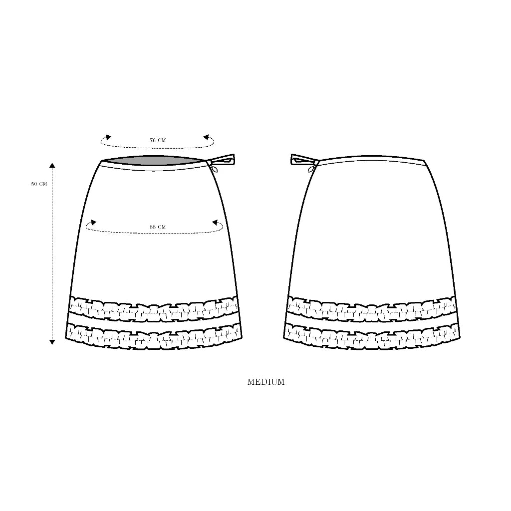 Line drawing of a medium size skirt with measurements on a white background
