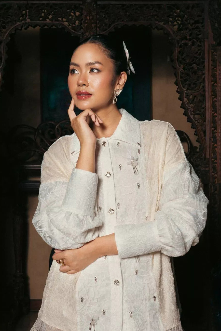 Gayatri Lace Beads Shirt Cream Broken White - LR Studio