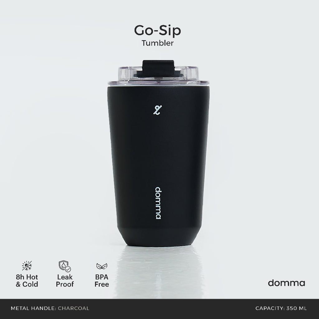 A black stainless steel insulated travel mug with a Domma brand logo on the front.