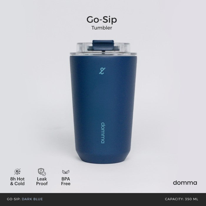 A dark blue stainless steel insulated travel mug with a Domma brand logo on the front.