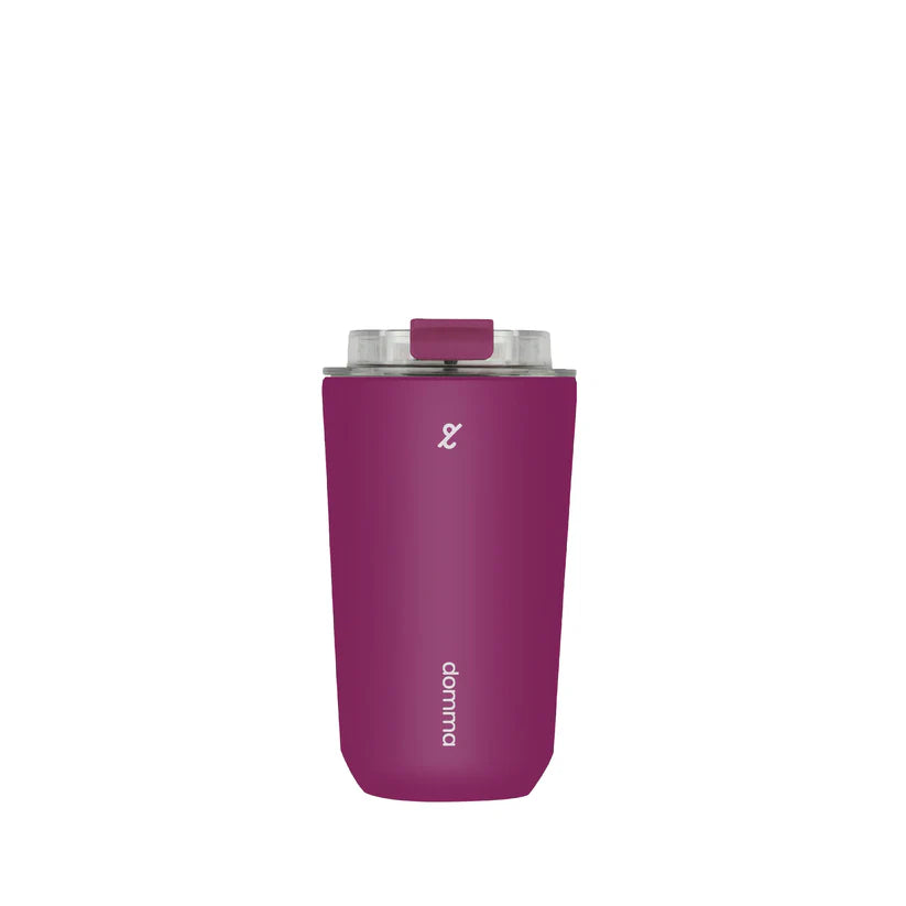 Purple travel mug with clear lid by Domma on a white background