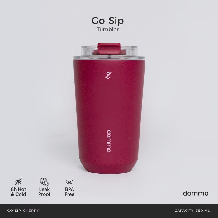 A red stainless steel insulated travel mug with a Domma brand logo on the front.